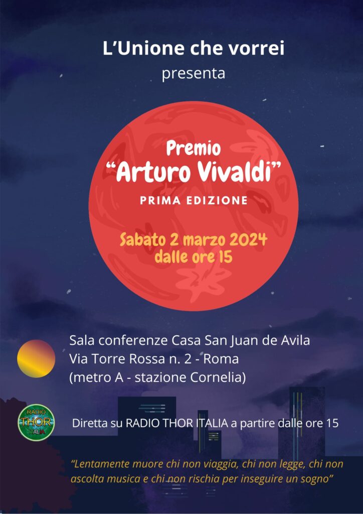 Il poster ha uno sfondo che sembra un cielo notturno con stelle e nuvole. In alto c'è una grande luna piena rossa con il testo del premio sovrapposto. In basso a sinistra c'è una piccola luna gialla. In basso a destra, c'è il logo di RADIO THOR ITALIA, che sembra un equalizzatore audio verde su sfondo nero. Il testo della citazione è in bianco e si trova nella parte inferiore del poster